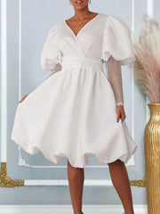 Fashion V Neck Bubble Sleeve Slim Cocktail Dress