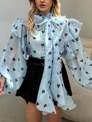 Casual Ruffle Puff Sleeve Sheer Heart Print Blouse