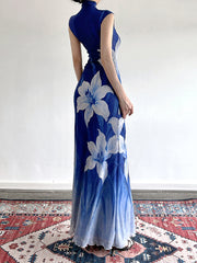 Elegant Gradient Color Print Slim Maxi Dress