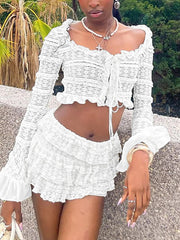 Ruffles Crop Top With Short Skirt Two-Piece Set