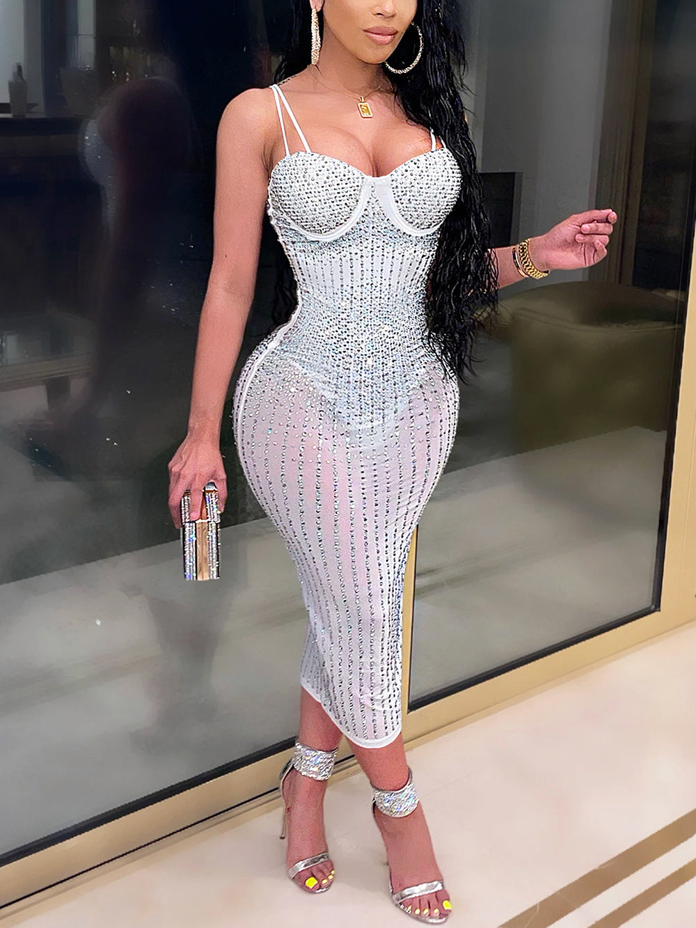 Sexy Rhinestone See-through Spaghetti Strap Dress