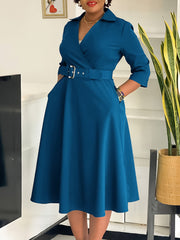 Solid Color With Belt Turndown Collar A Line Dress