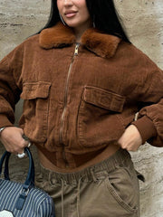 Casual Zip Up Corduroy Bomber Jacket Coat