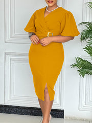 Plus Size V Neck Bubble Sleeve With Belt Midi Dress