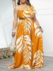 Casual Print Patchwork Oblique Collar Maxi Dress