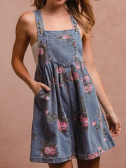 Casual Wide-Leg Floral Print Denim Overalls Shorts