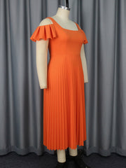 Elegant Square Neckline Open Shoulder Pleated Dress