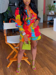 Casual Print Loose Shirt And Shorts Two Piece Set