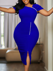 Elegant Beading Asymmetrical Collar Midi Dress