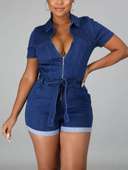 Sexy Zipper Short Sleeve Denim Rompers