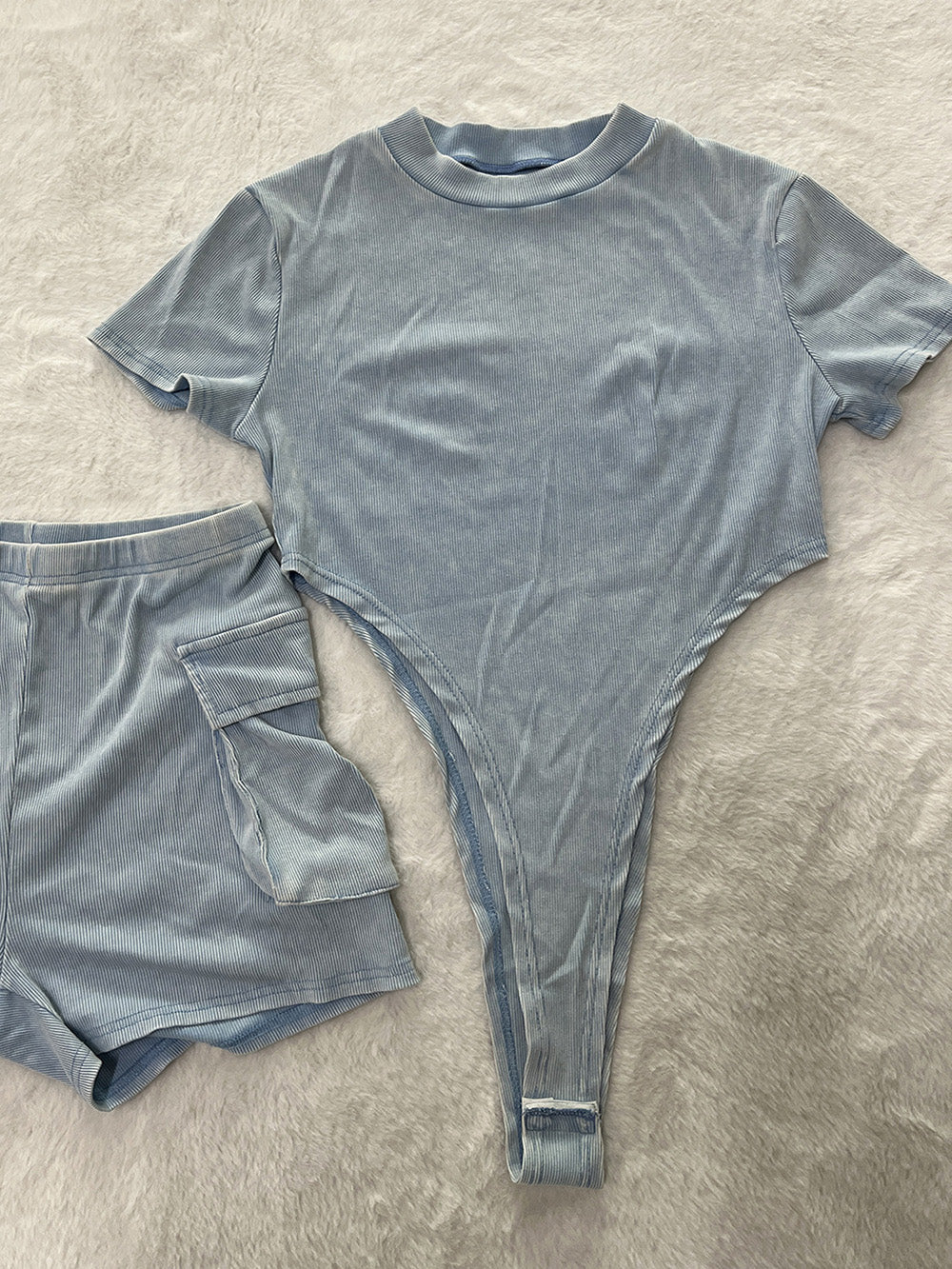 Casual Ribbed Washed Bodysuit and Shorts Set
