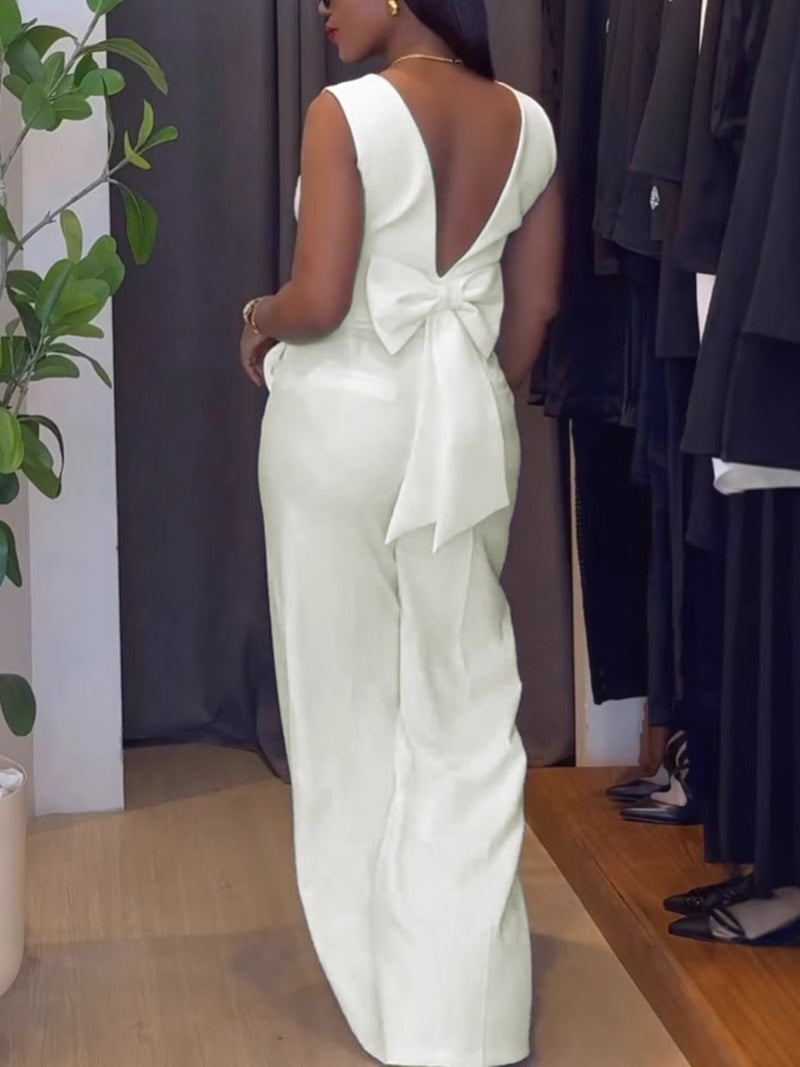 Casual V-neck Backless Bow Decor Top Straight Pants Set