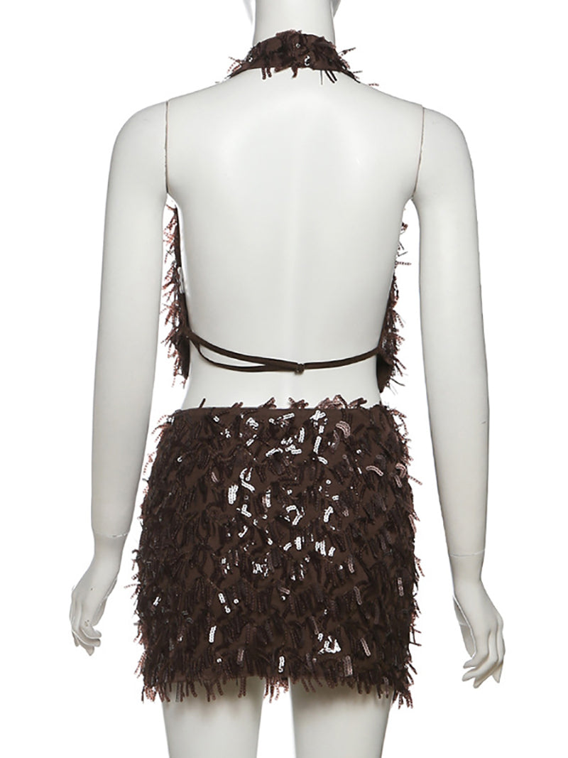 Sequin Fringe Halter Backless Cropped Skirt Sets