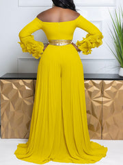 Fashion Off Shoulder Ruffles Sleeve Wide Leg Jumpsuit