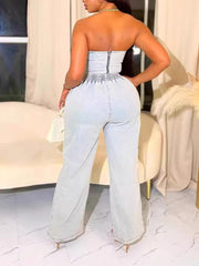 Casual Strapless Denim Top And Pants Two Piece Set