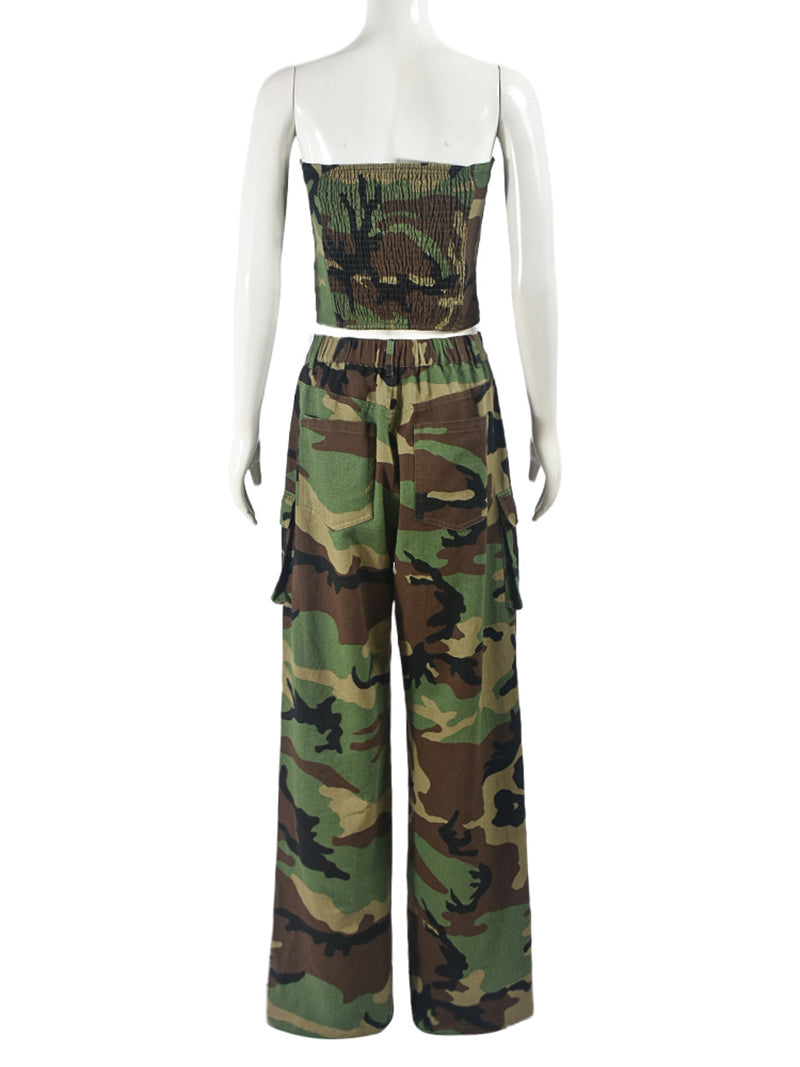 Sexy Camo Strapless Elastic Straight-leg Pants Set