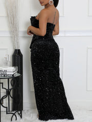 Strapless Sexy Sequin Slit Maxi Dress