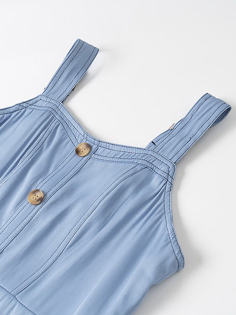Denim Suspender Button-Down Casual Midi Dress