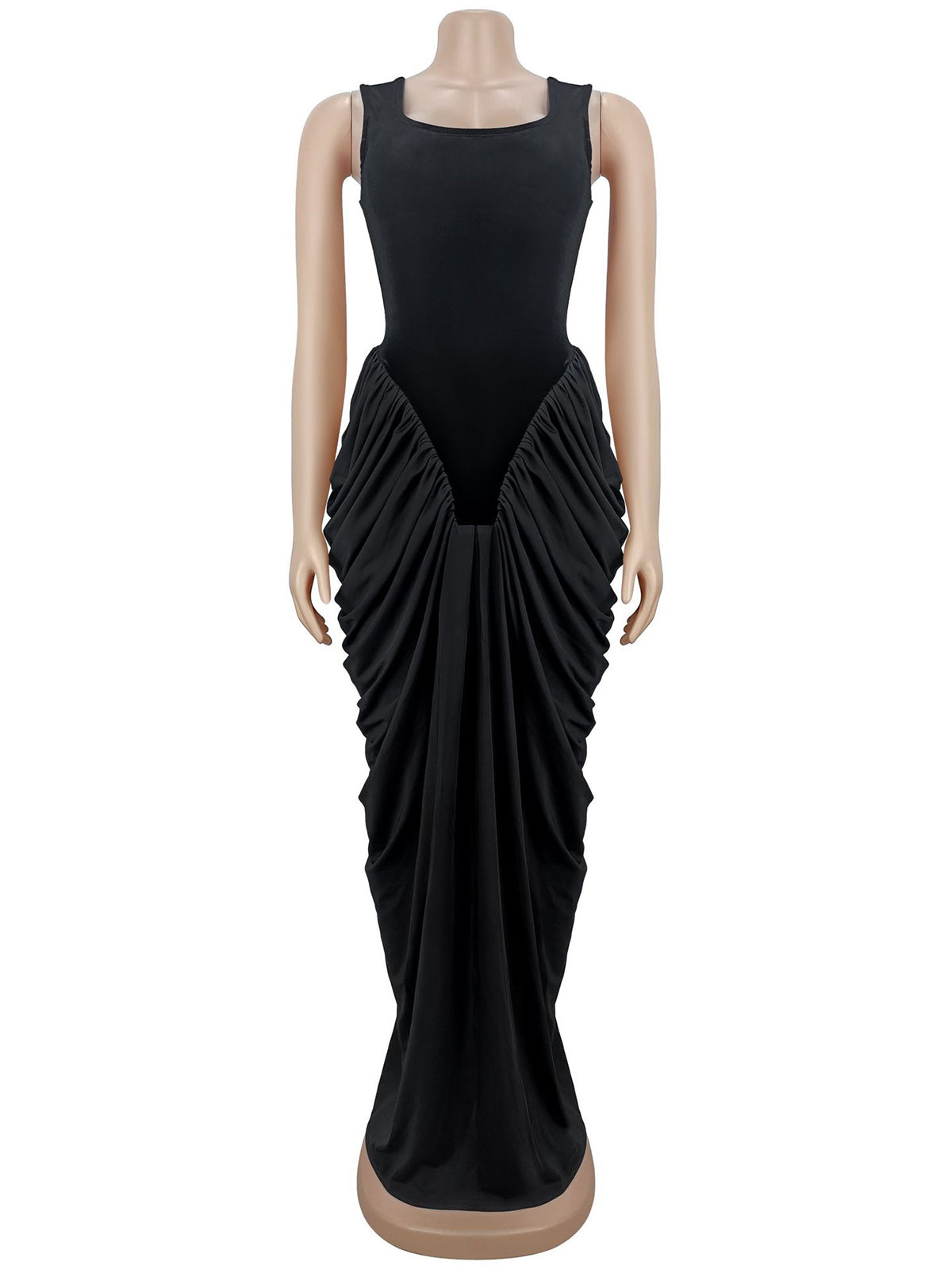 Fashion Patchwork Velvet Sleeveless Stacked Ruched Maxi Dress