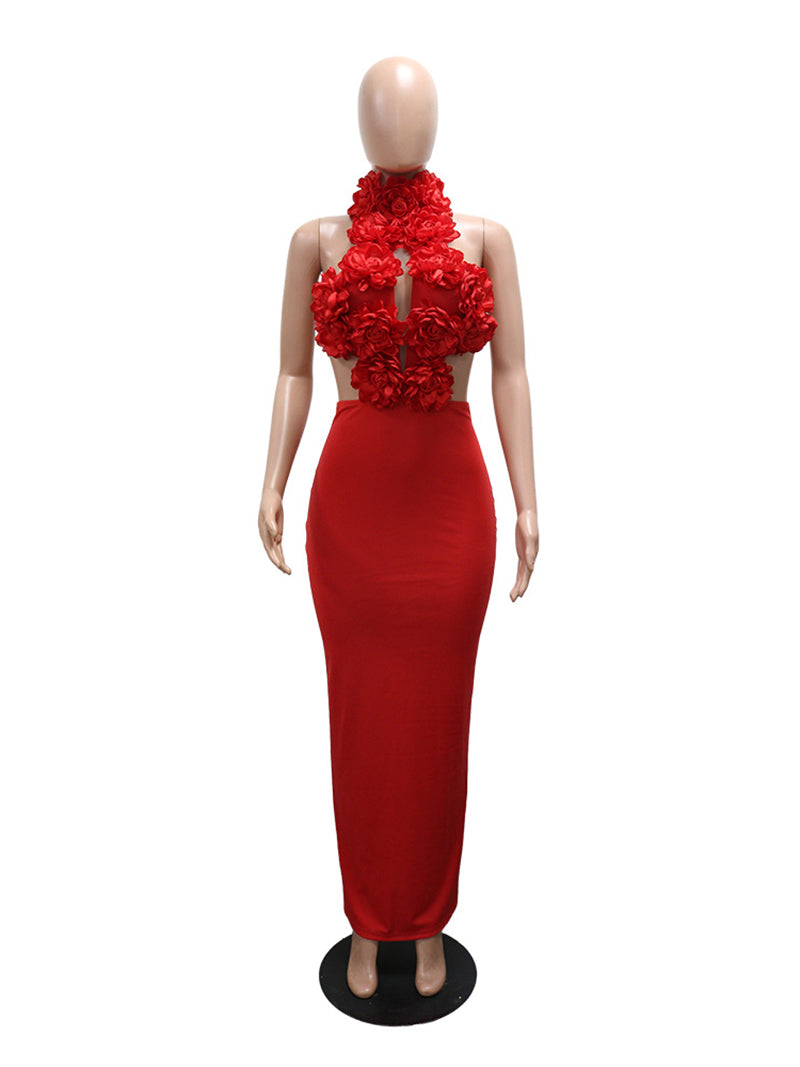 Elegant Floral Hollow-Out Bandage Maxi Dress