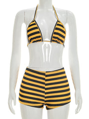 Sexy Striped Print Shorts Three Piece Set