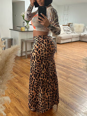 Leopard Print Round Neck Crop Top Slim Skirt Two Piece