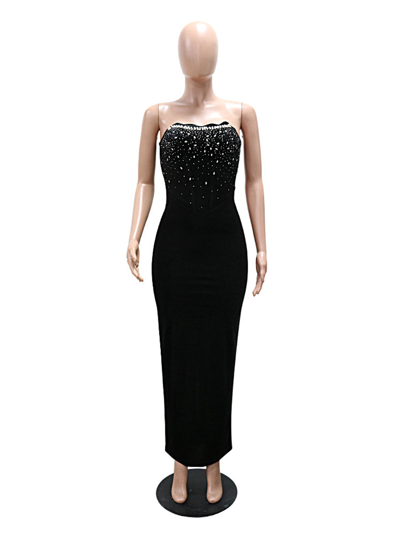 Sexy Velvet Rhinestone Bodycon Strapless Maxi Dress