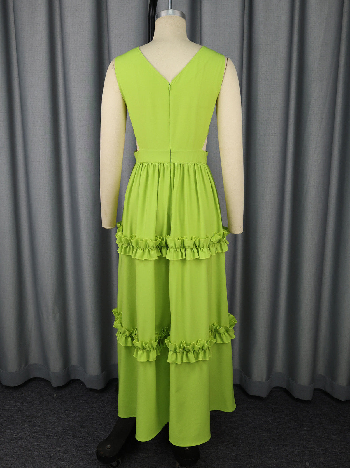 V Neck Sleeveless Ruffles High Waist Hollow Maxi Dress