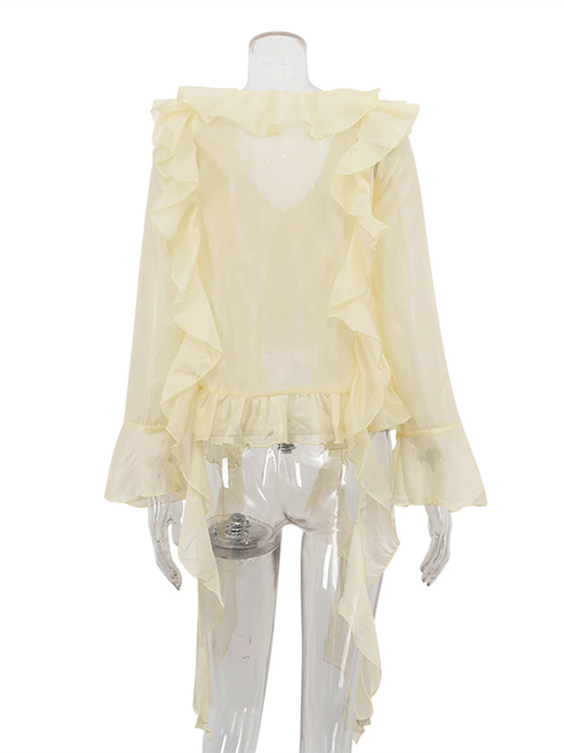 Elegant V-Neck Ruffle Lace-Up Chiffon Shirt Top