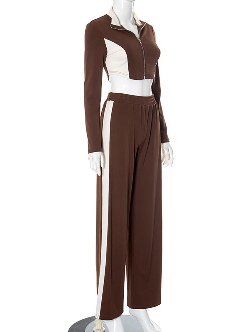 Zipper Cropped Tops Joggers Sports Casual Set