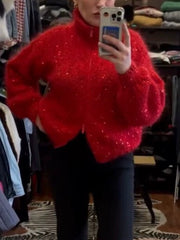 Sequin Knit Collared Zip Front Cardigan