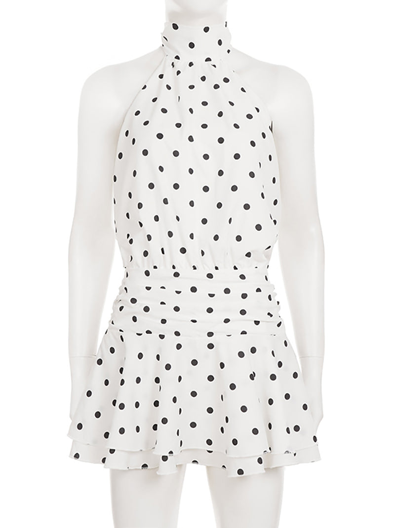 Sexy Polka Dot Print Halter Lace-up Backless Mini Dress