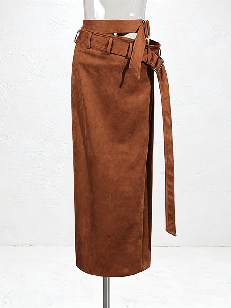 Casual Asymmetrical Double Belted Midi Skirt