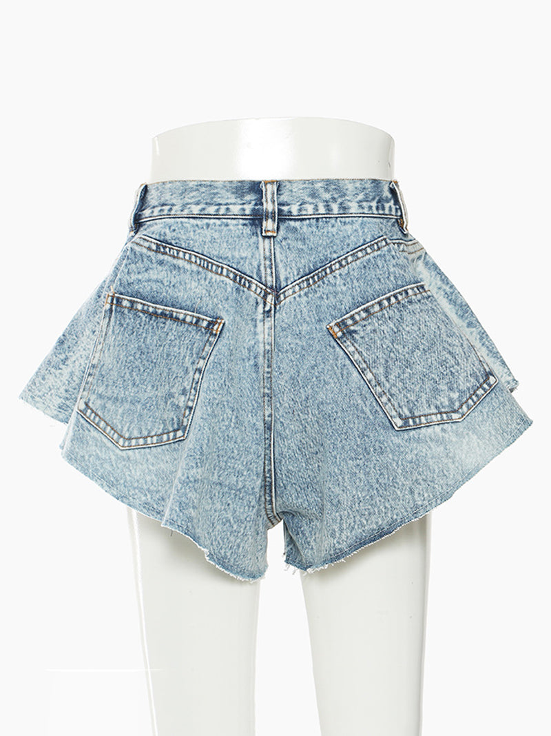 Casual Ruffle Hem Denim Shorts
