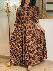 Casual Loose Long Sleeve Print Maxi Dress