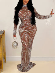 Rhinestones See Through Long Sleeves Maxi Dress