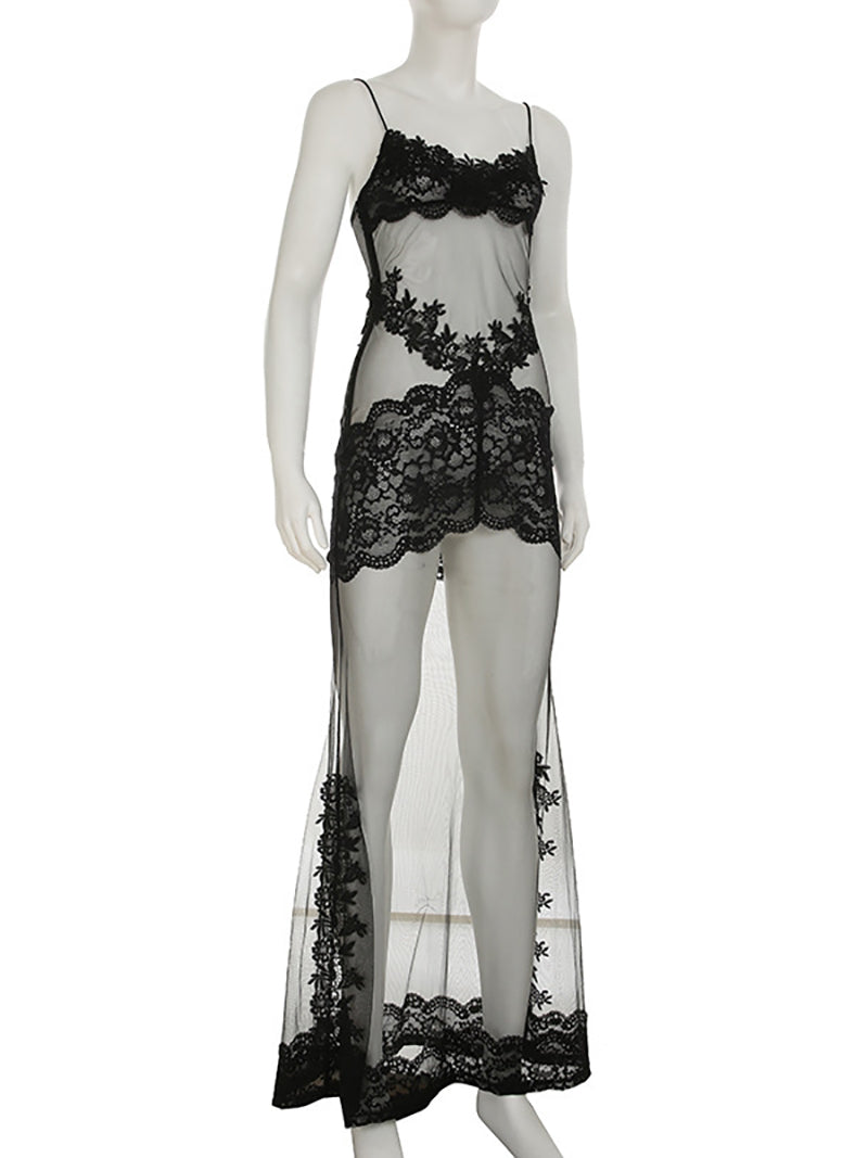 Sexy Mesh Lace Patchwork Spaghetti Strap Maxi Dress