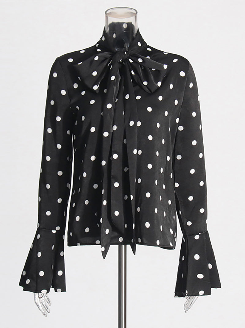 Bow Lace-Up Neck Mesh Long Sleeve Polka Dot Print Top