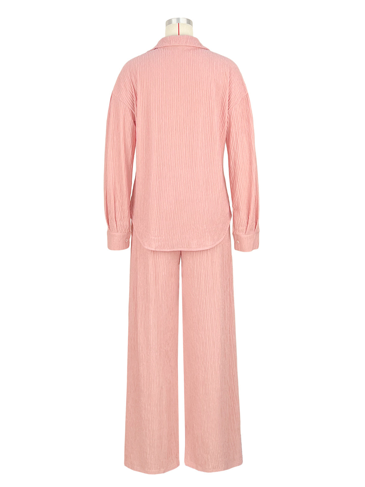 Button Front Lettuce Trim Shirt Wide Leg Pants Sets