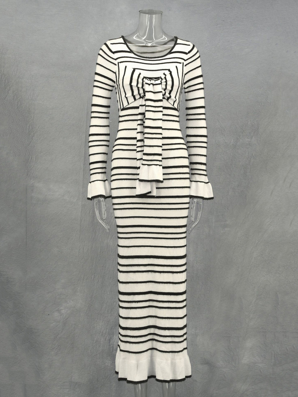 Knit Stripet Lace-up Bell Long Sleeve Dress
