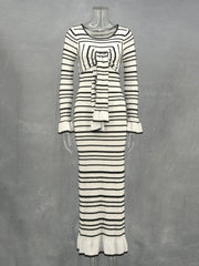 Knit Stripet Lace-up Bell Long Sleeve Dress
