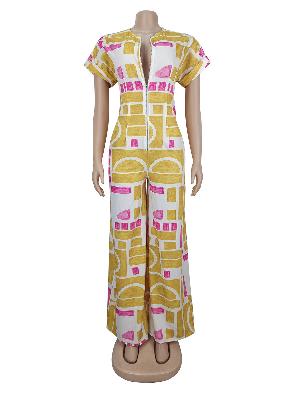Casual Print Zipper O Neck Slim Jumpsuit