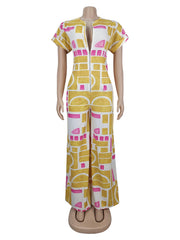 Casual Print Zipper O Neck Slim Jumpsuit