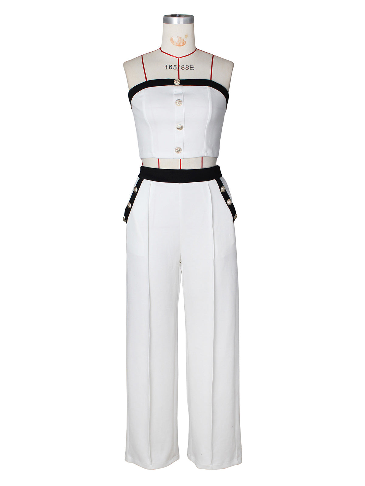 Sexy Color Block Decorative Button Straight Pants Set