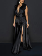 Elegant Deep V-Neck Sleeveless Slit Party Dress