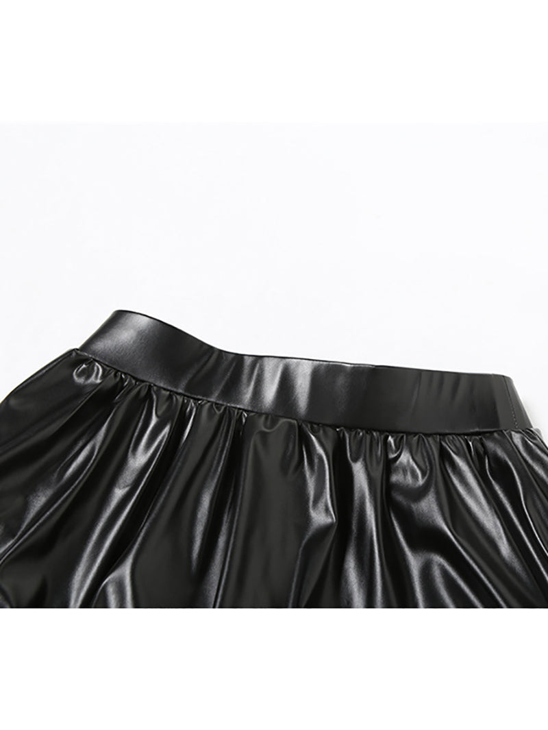 Faux Leather Crop Top Bubble Hem Skirt Sets