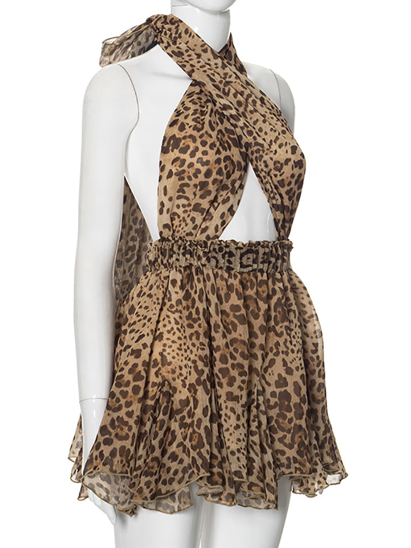 Leopard Print Wrinkled Holiday Beach Mini Dress