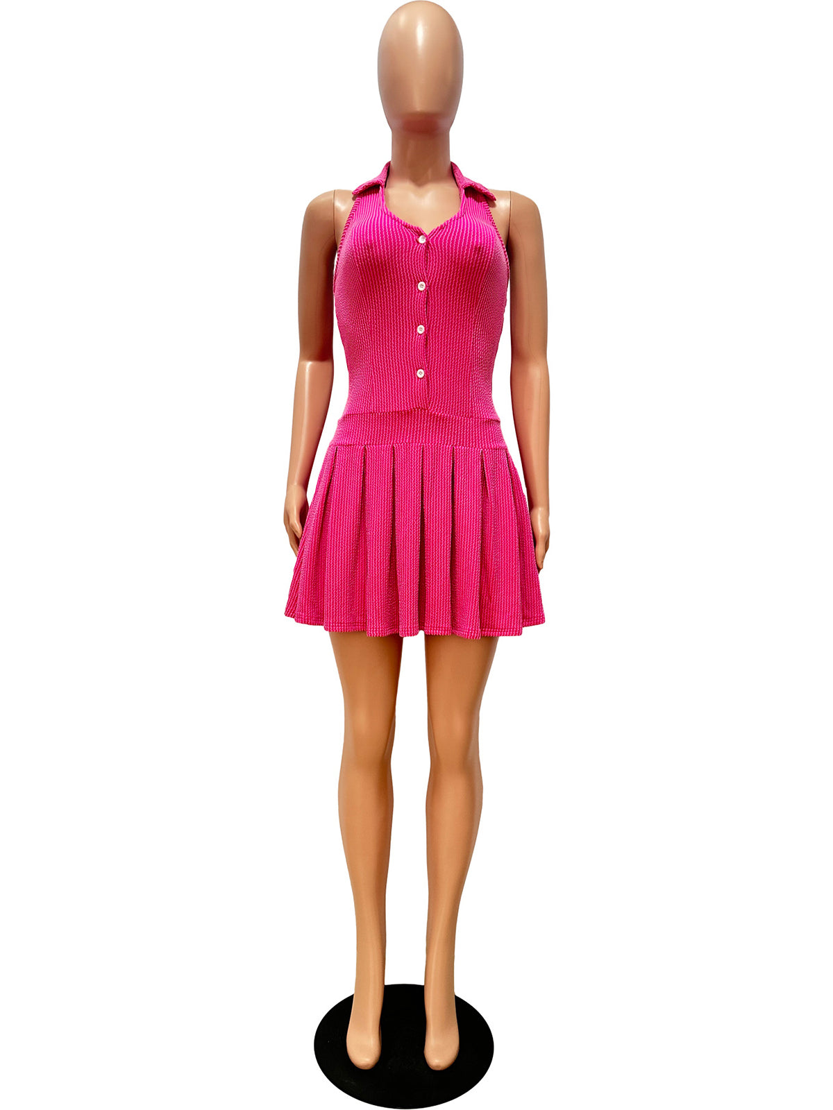Halter Neck V-Neck Sleeveless Pleated Dress