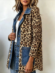 Leopard Print Denim Blazer Jacket with Pockets