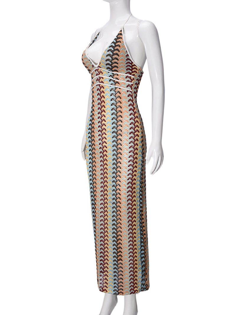Sexy V-Neck Halter Vacation Knit Crochet Maxi Dress